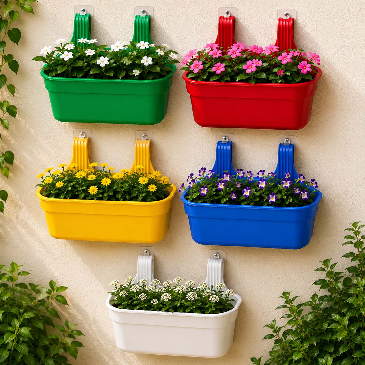 Go Hooked 12 Inch Plastic Railing Hanging Planter Pot  Rectangular Flower Pots with Double Hook for Garden Fence Balcony Indoor Outdoor Home Décor | Durable Plant Container