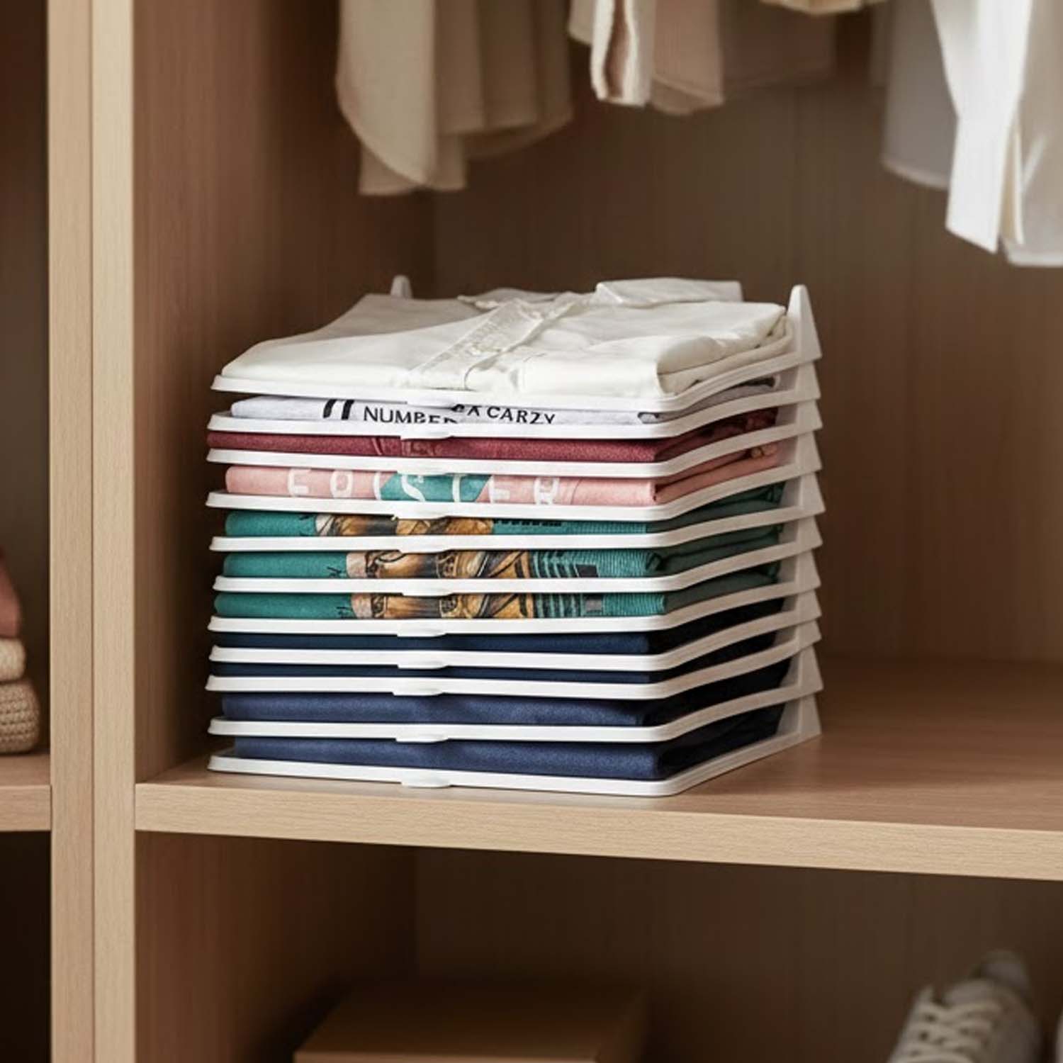Go Hooked Clothes Organizer Tray Pack of 20 | 40 x 29 cm Stackable Shirt Organizer for Closet | Wardrobe & Drawer Clothing Divider Boards | Space Saving Storage System | White