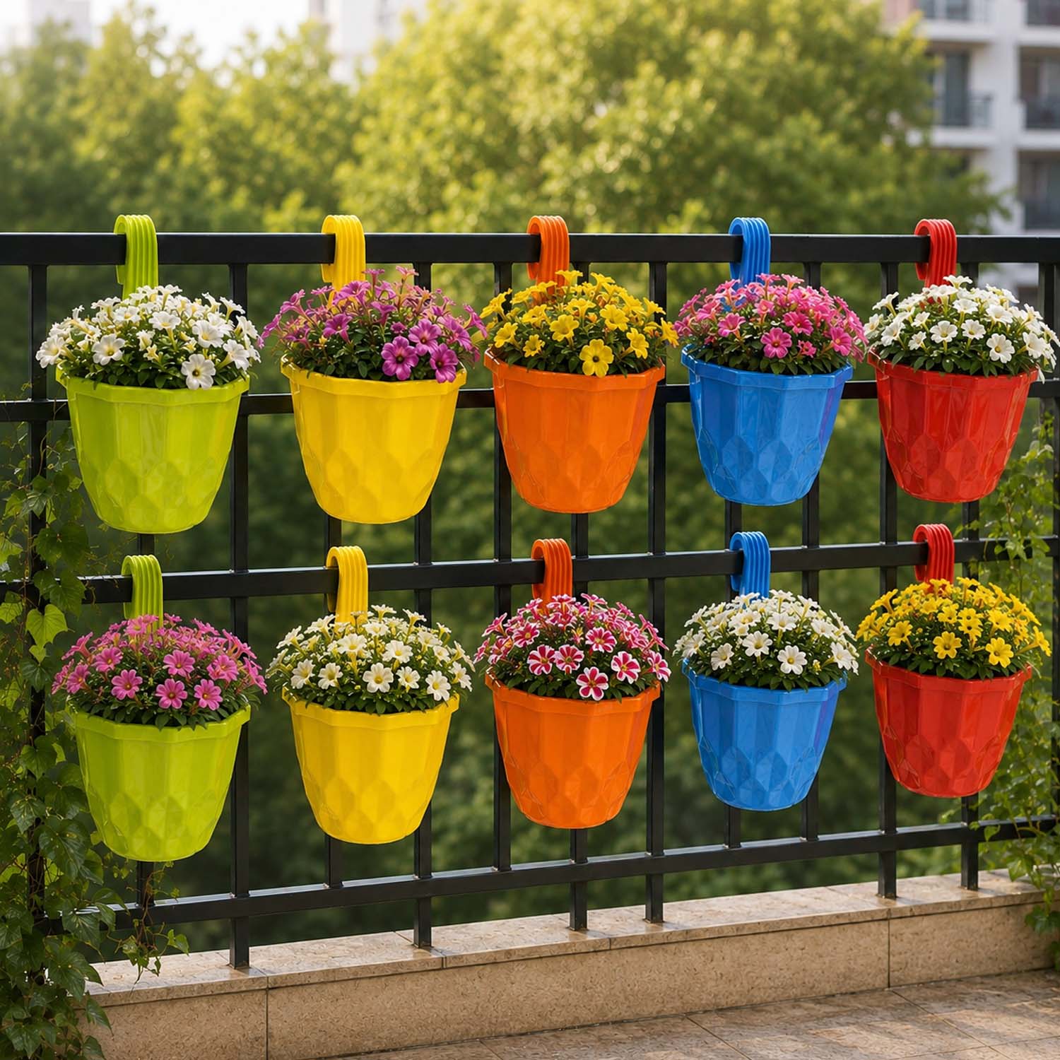 Go Hooked Hanging Planter Pots for Balcony Railing  | Small Plastic Geometric Hook Flower Pots for Fence Grill Balcony (Multicolor, 15.5x9x19 cm) | Decorative Planters for Home Garden Décor