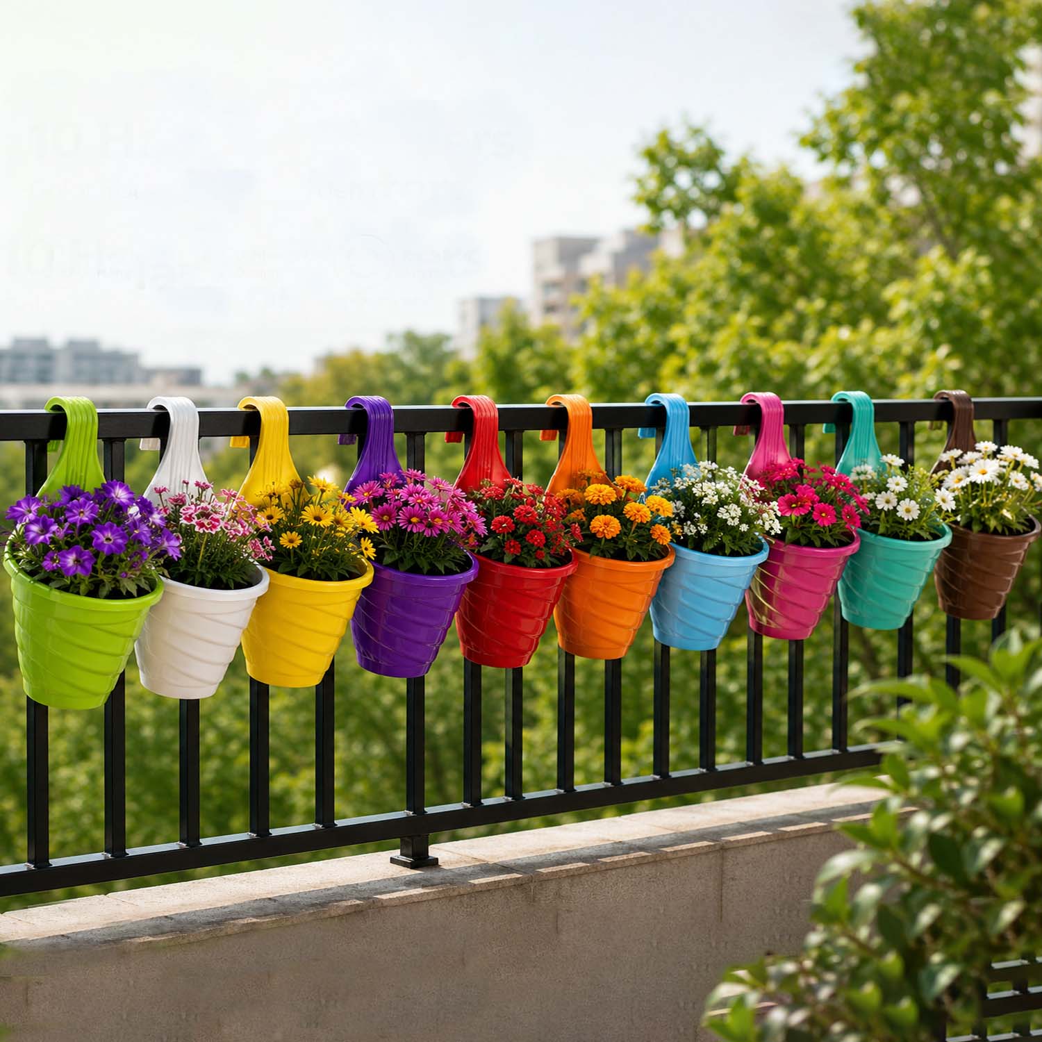 Go Hooked Hanging Planter Pots for Balcony Railing | Small Plastic Twister Hook Flower Pots for Fence, Grill & Balcony (Multicolor, 15x8x19 cm) | Decorative Planters for Home Garden Décor