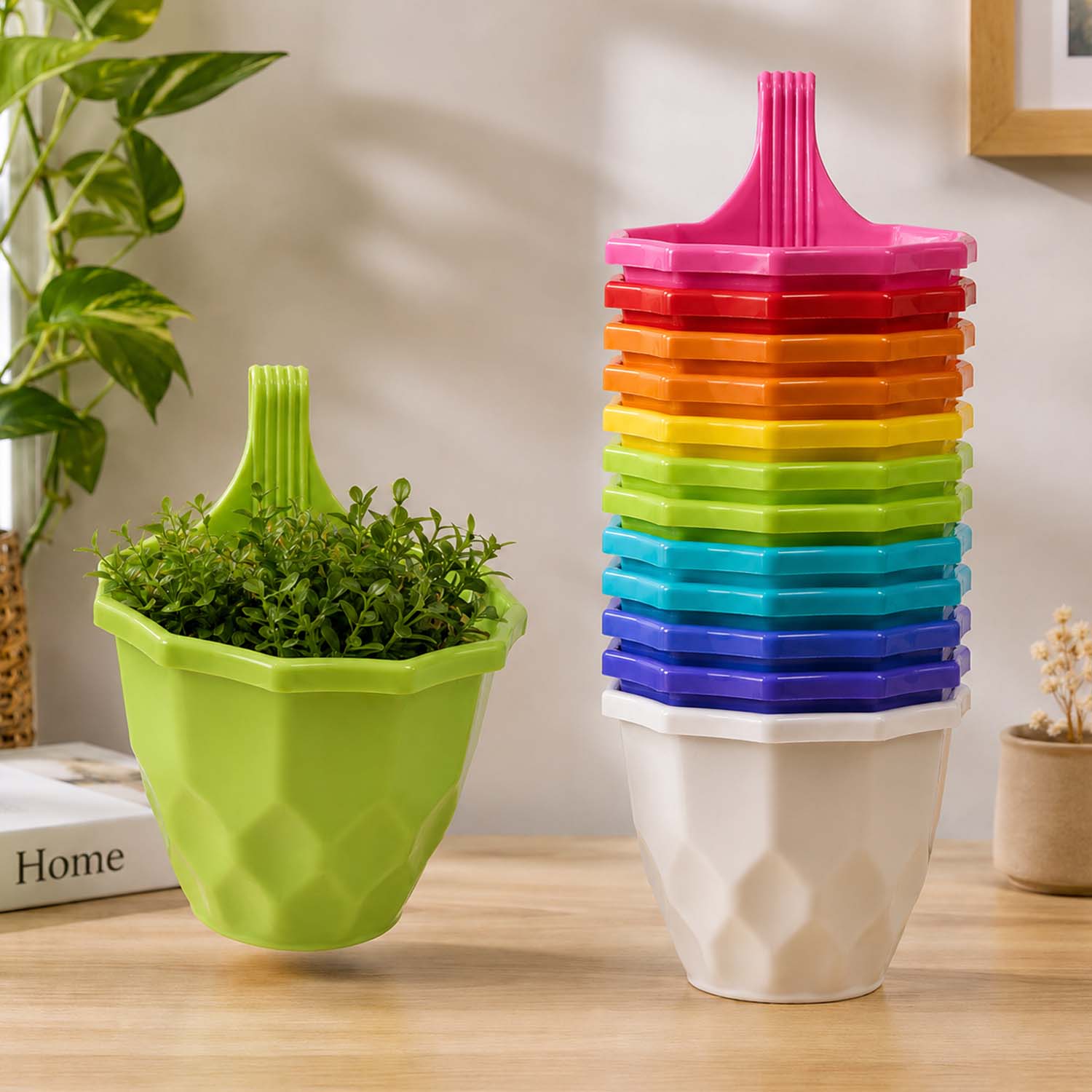 Go Hooked Hanging Planter Pots for Balcony Railing  | Small Plastic Geometric Hook Flower Pots for Fence Grill Balcony (Multicolor, 15.5x9x19 cm) | Decorative Planters for Home Garden Décor