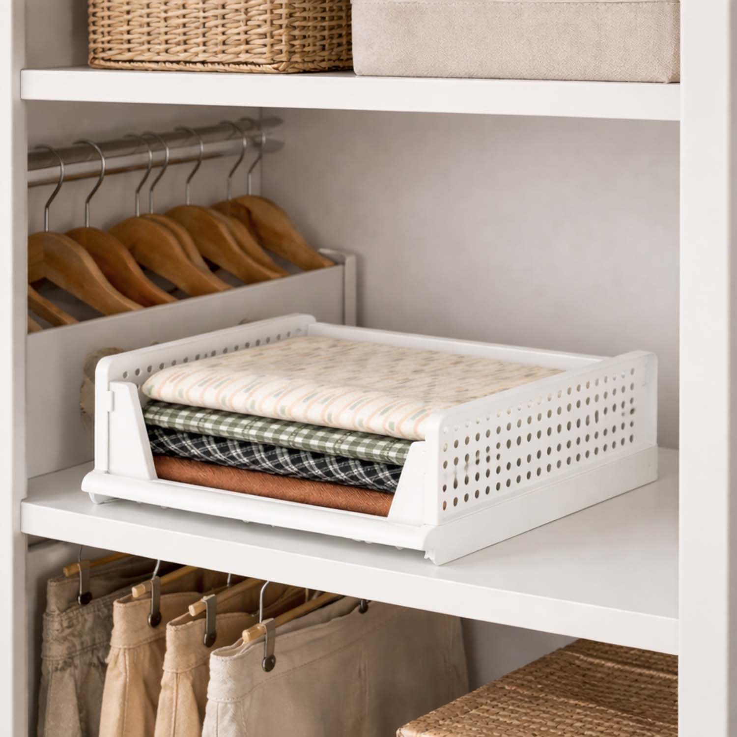 Go Hooked Foldable Wardrobe Organizer with Drawer Style Pull Out Design | Small (44x34x14.5 cm) Shelf Storage Box | Heavy Duty Plastic Shirt Stacker for Cupboard, Almirah & Closet | White