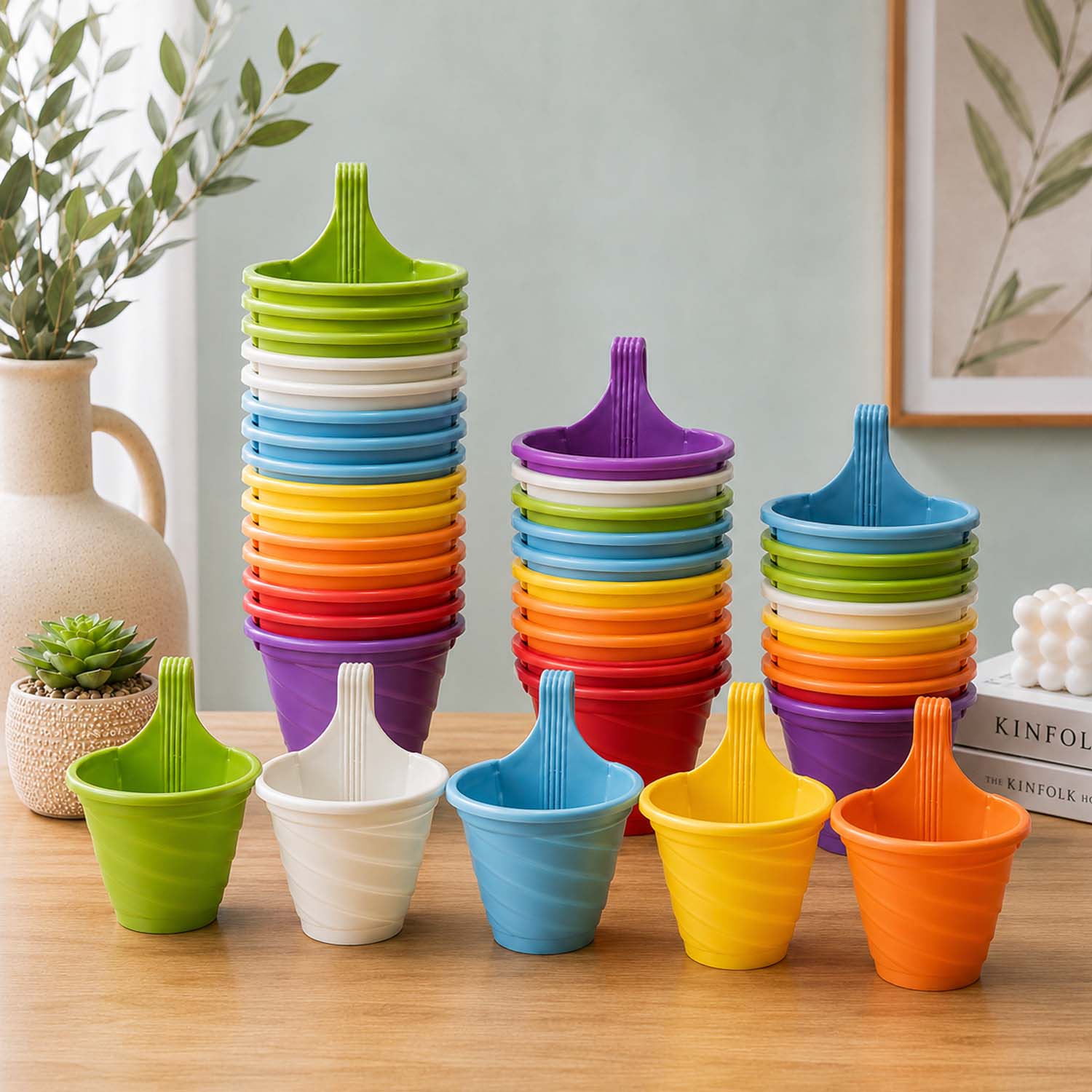 Go Hooked Hanging Planter Pots for Balcony Railing | Small Plastic Twister Hook Flower Pots for Fence, Grill & Balcony (Multicolor, 15x8x19 cm) | Decorative Planters for Home Garden Décor