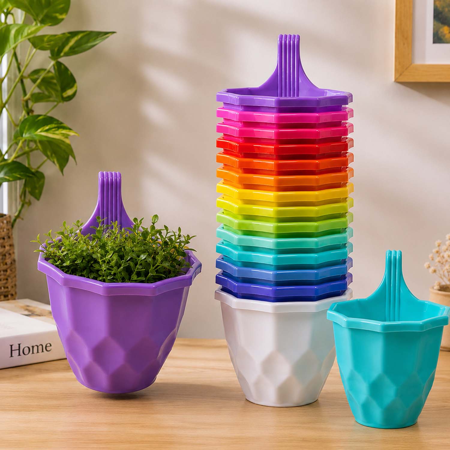 Go Hooked Hanging Planter Pots for Balcony Railing  | Small Plastic Geometric Hook Flower Pots for Fence Grill Balcony (Multicolor, 15.5x9x19 cm) | Decorative Planters for Home Garden Décor
