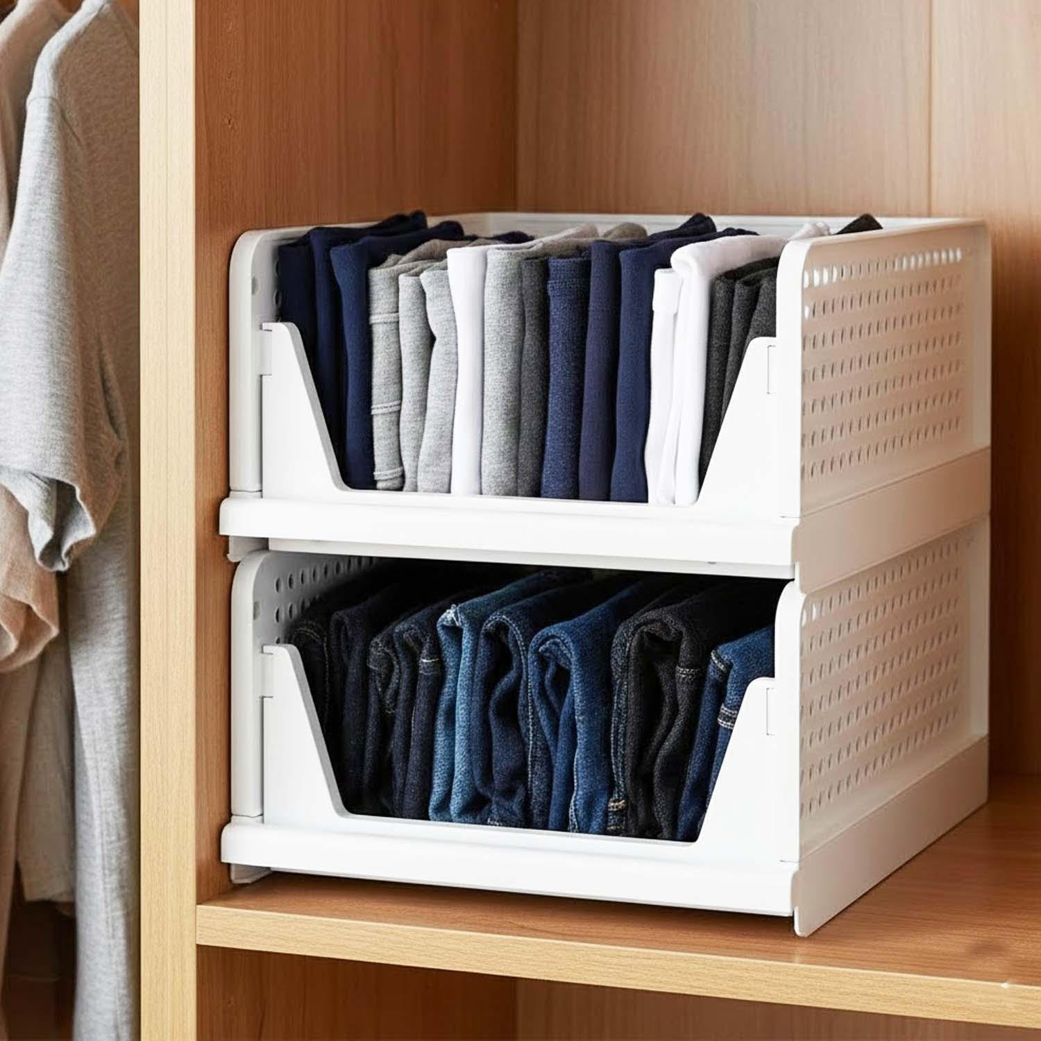 Go Hooked Foldable Wardrobe Organizer with Drawer Style Pull Out Design | Large (44x34x19 cm) Shelf Storage Box | Heavy Duty Plastic Shirt Stacker for Cupboard, Almirah & Closet | White