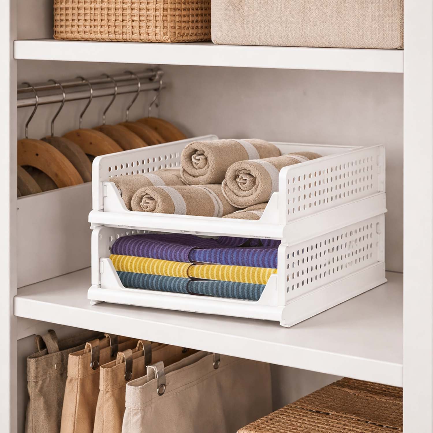 Go Hooked Foldable Wardrobe Organizer with Drawer Style Pull Out Design | Small (44x34x14.5 cm) Shelf Storage Box | Heavy Duty Plastic Shirt Stacker for Cupboard, Almirah & Closet | White