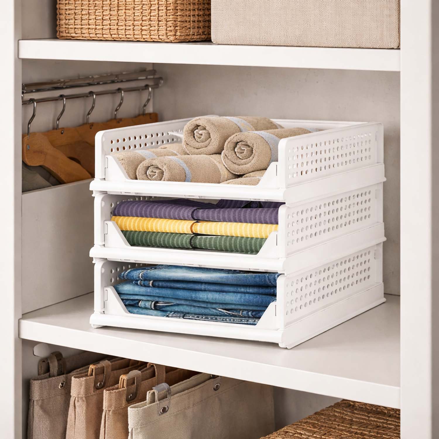 Go Hooked Foldable Wardrobe Organizer with Drawer Style Pull Out Design | Small (44x34x14.5 cm) Shelf Storage Box | Heavy Duty Plastic Shirt Stacker for Cupboard, Almirah & Closet | White