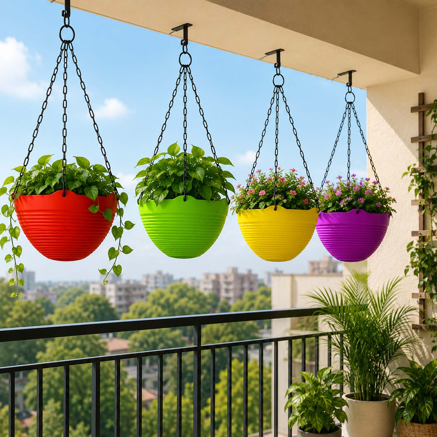 ViMe Plastic Marvel Hanging Pots, Hanging Planters with Metal Hanging Chain - Pack of 5 (7.3 Inch)