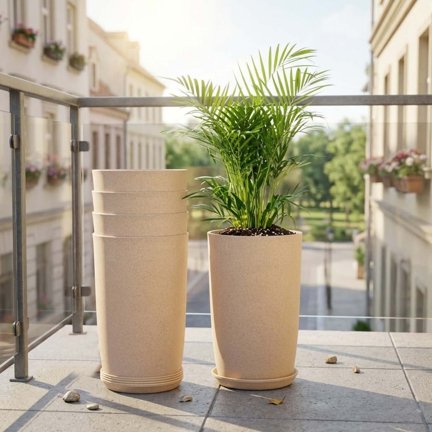 Go Hooked 18 Inch Tower Pots with Saucer Tray Planter - Lightweight, Premium Outdoor & Indoor Planters, Perfect for Balcony & Terrace Gardens (Brown, Pack of 5)