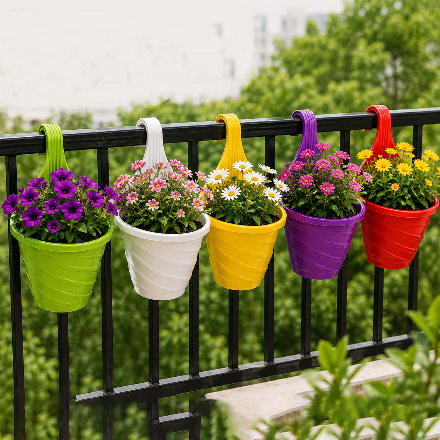 Go Hooked Hanging Planter Pots for Balcony Railing | Small Plastic Twister Hook Flower Pots for Fence, Grill & Balcony (Multicolor, 15x8x19 cm) | Decorative Planters for Home Garden Décor