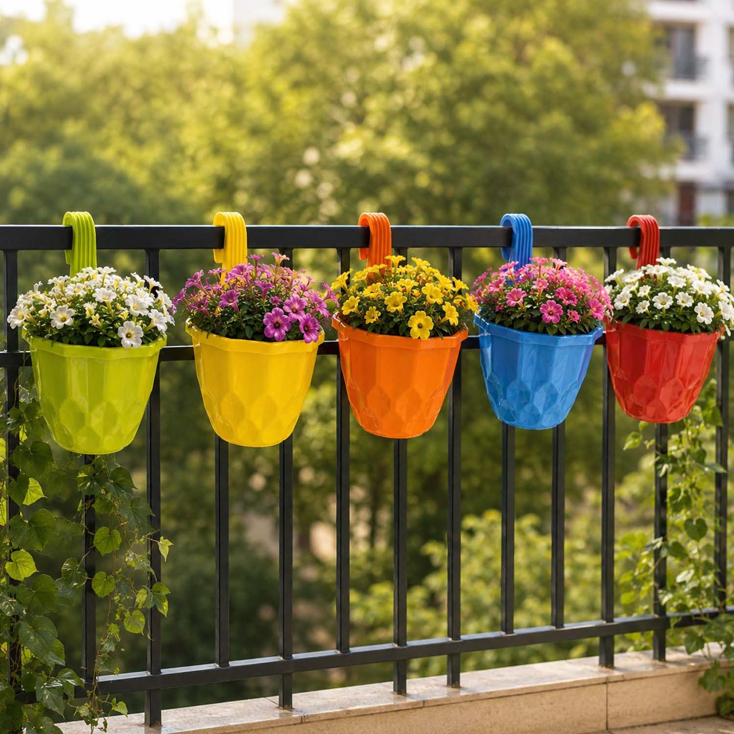 Go Hooked Hanging Planter Pots for Balcony Railing  | Small Plastic Geometric Hook Flower Pots for Fence Grill Balcony (Multicolor, 15.5x9x19 cm) | Decorative Planters for Home Garden Décor