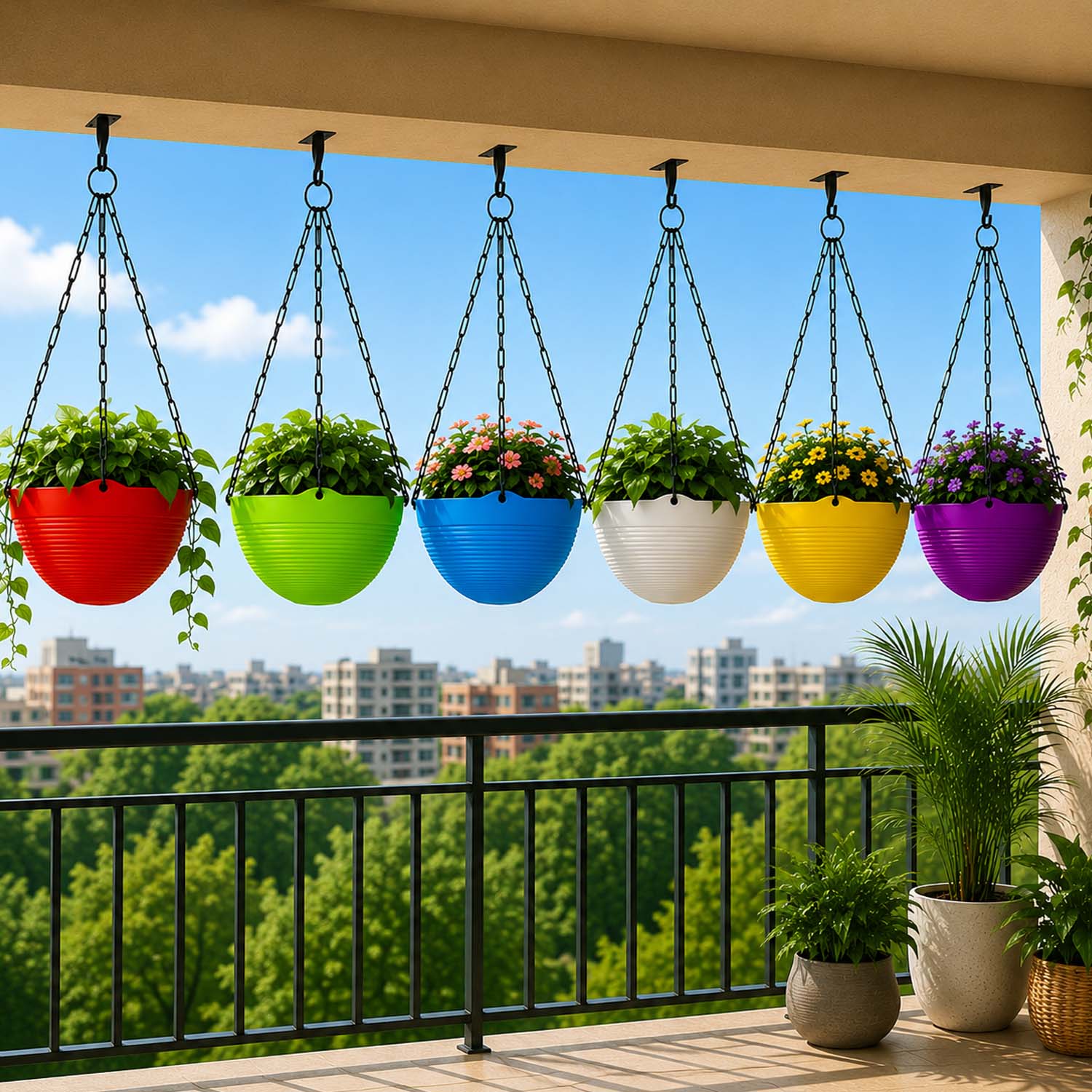 ViMe Plastic Marvel Hanging Pots, Hanging Planters with Metal Hanging Chain - Pack of 5 (7.3 Inch)