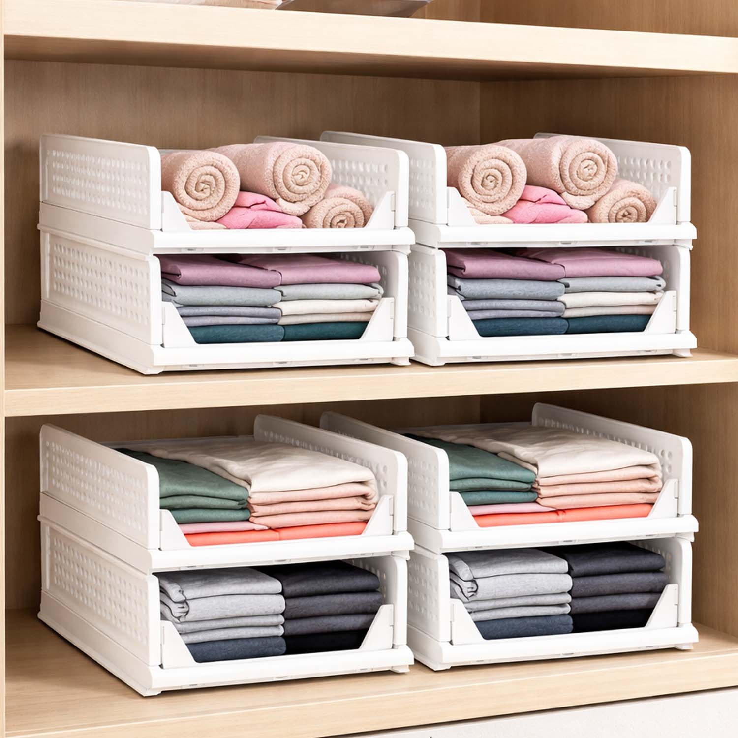 Go Hooked Foldable Wardrobe Organizer with Drawer Style Pull Out Design | Small (44x34x14.5 cm) Shelf Storage Box | Heavy Duty Plastic Shirt Stacker for Cupboard, Almirah & Closet | White