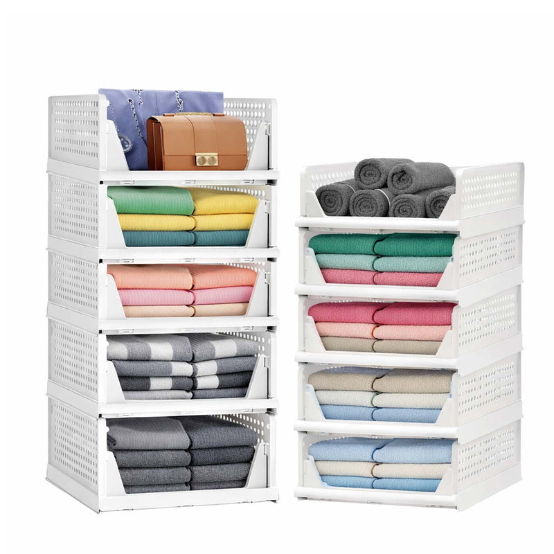 Go Hooked Foldable Wardrobe Organizer with Drawer Style Pull Out Design | Pack of 10 (5Large+5Small) 44x34cm Shelf Storage Box | Heavy Duty Plastic Shirt Stacker for Cupboard, Almirah & Closet | White