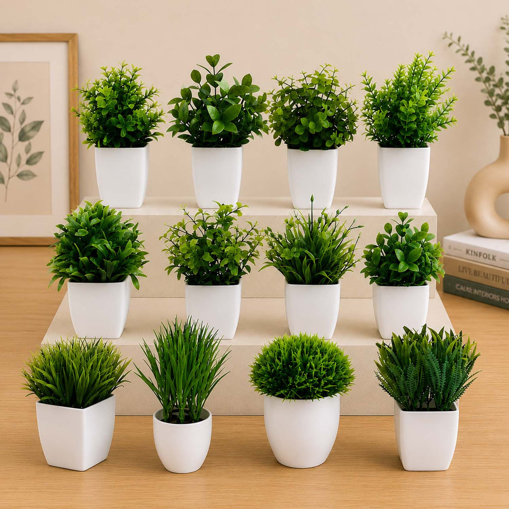 Go Hooked Artificial Plants Small, Mini Artificial Plants Indoor for Home Farmhouse Bathroom Shelf Décor Height 17CM Green and White 12 (Design May Vary)
