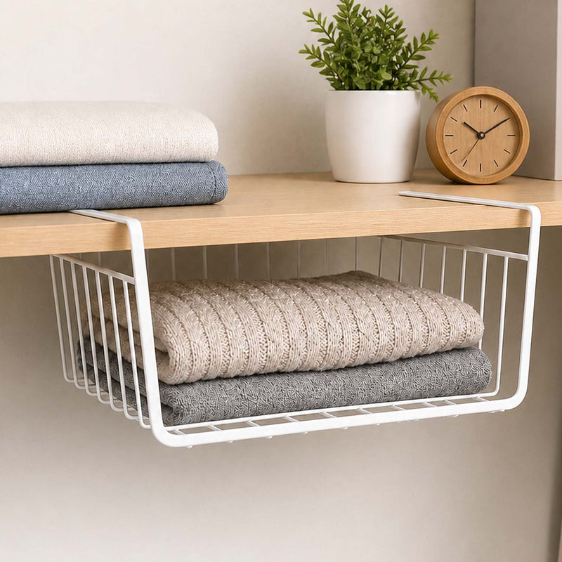 Go Hooked 16 Inch Undershelf Storage Basket Pack of 1 | Multipurpose Under Shelf Organizer | Hanging Wire Basket for Cabinet, Shelf, Pantry, Cupboard, Closet, Desk, and Bathroom (White)