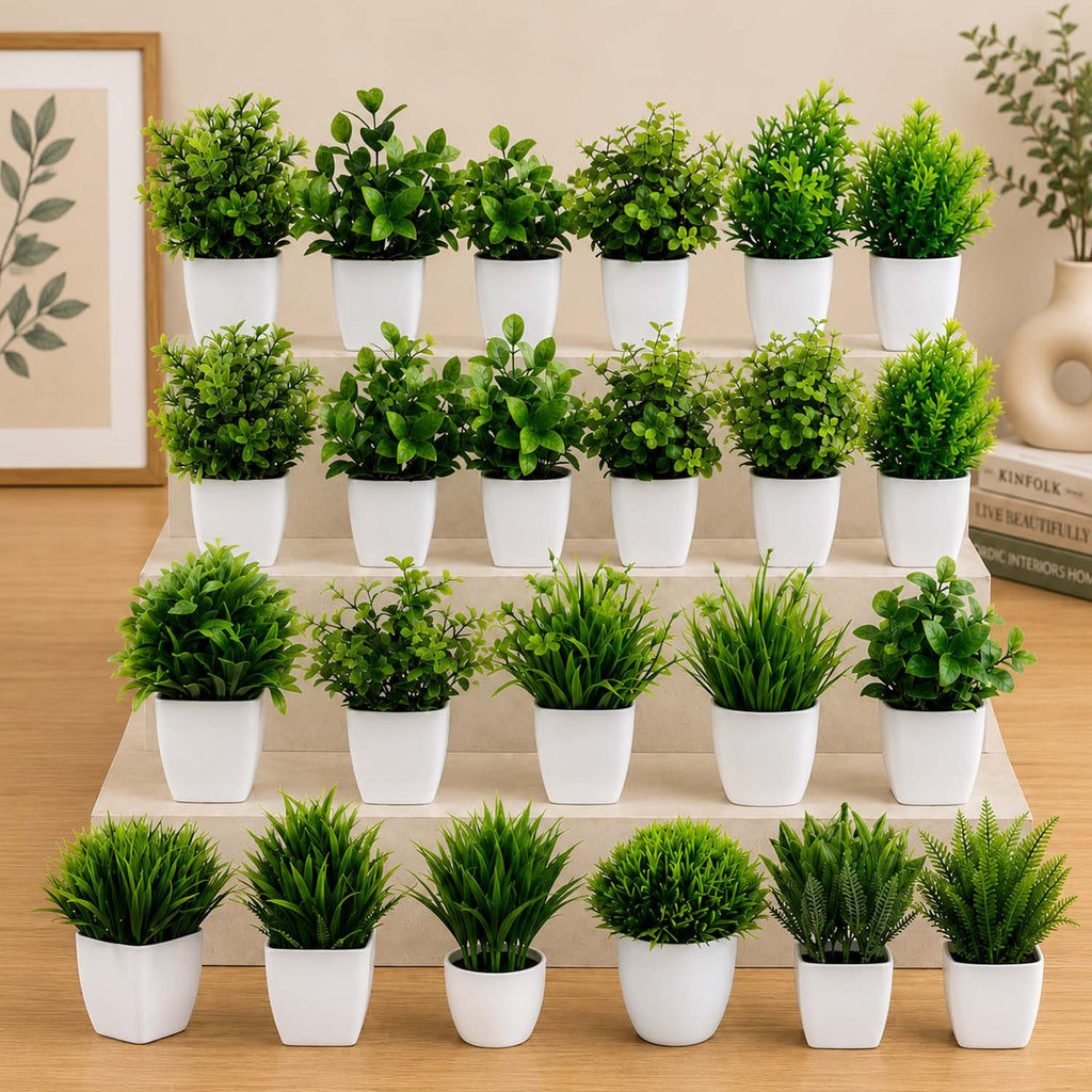 Go Hooked Artificial Plants Small, Mini Artificial Plants Indoor for Home Farmhouse Bathroom Shelf Décor Height 17CM Green and White 24 (Design May Vary)