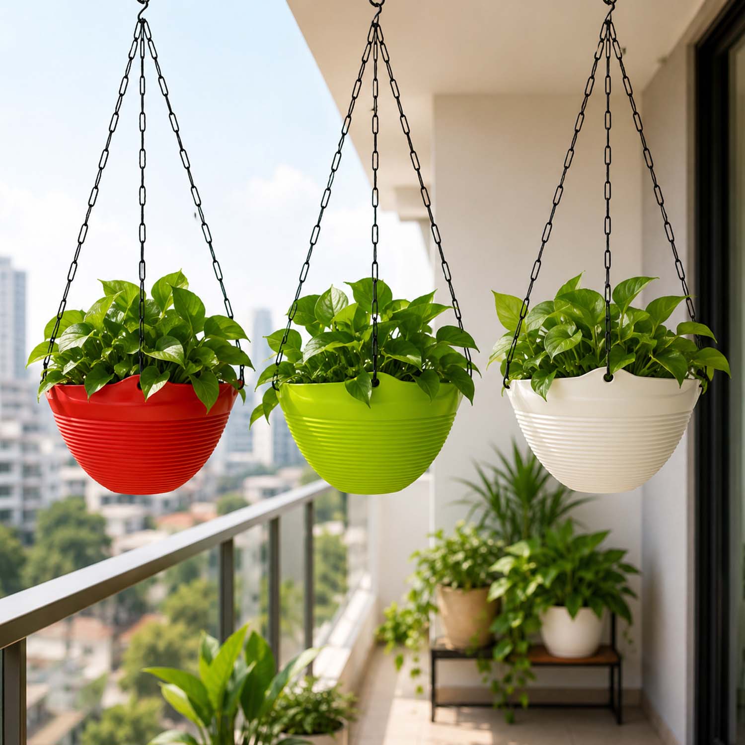 ViMe Plastic Marvel Hanging Pots, Hanging Planters with Metal Hanging Chain - Pack of 3 (7.3 Inch)