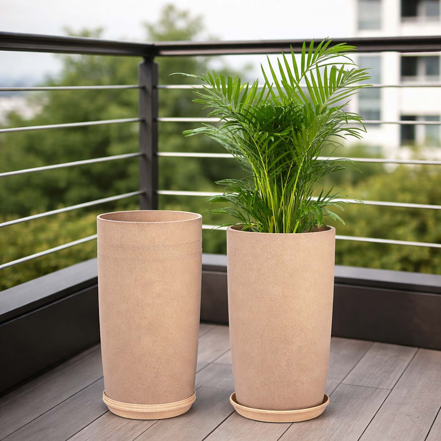 Go Hooked 18 Inch Tower Pots with Saucer Tray Planter - Lightweight, Premium Outdoor & Indoor Planters, Perfect for Balcony & Terrace Gardens (Brown, Pack of 4)