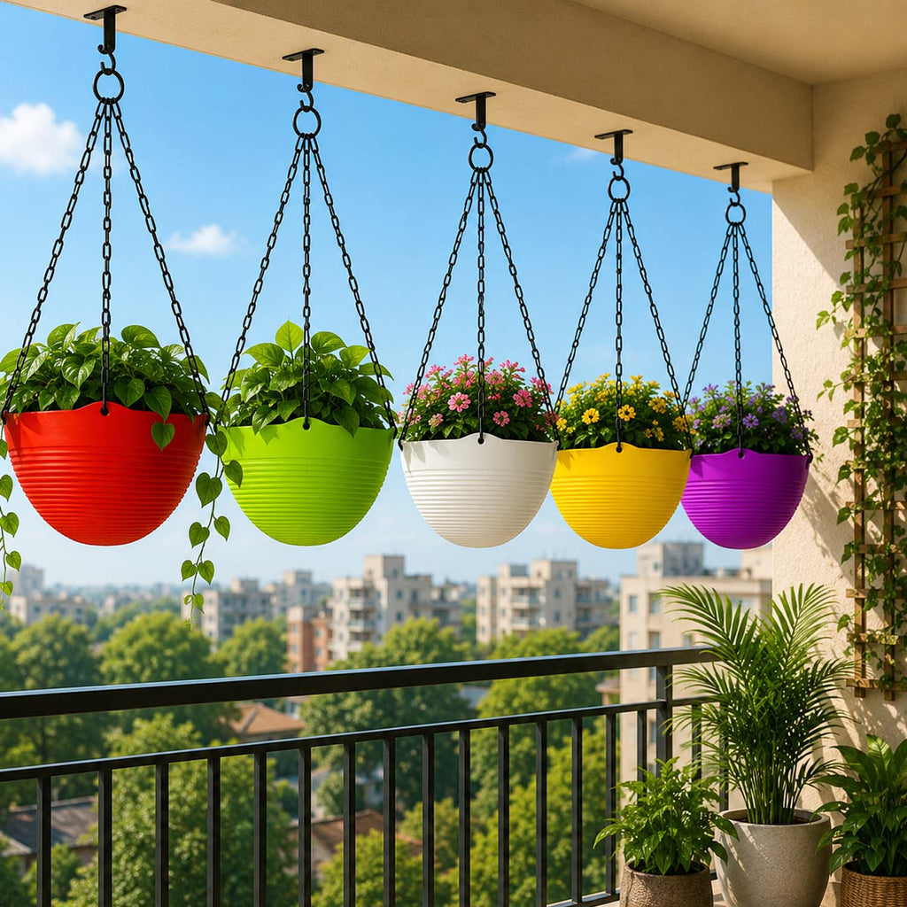 ViMe Plastic Marvel Hanging Pots, Hanging Planters with Metal Hanging Chain - Pack of 5 (7.3 Inch)