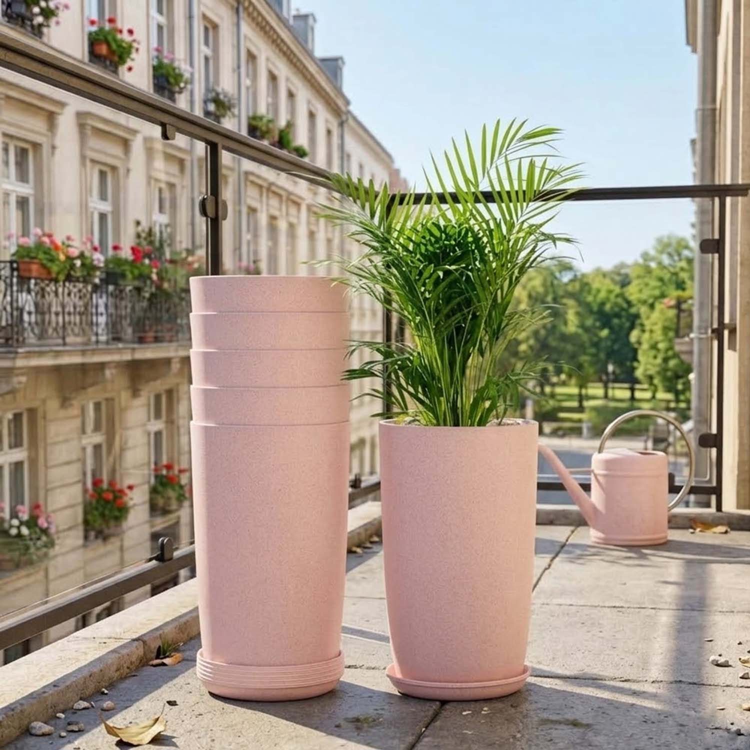 Go Hooked 18 Inch Tower Pots with Saucer Tray Planter - Lightweight, Durable Outdoor & Indoor Planters, Perfect for Balcony & Terrace Gardens (White, Pack of 6)