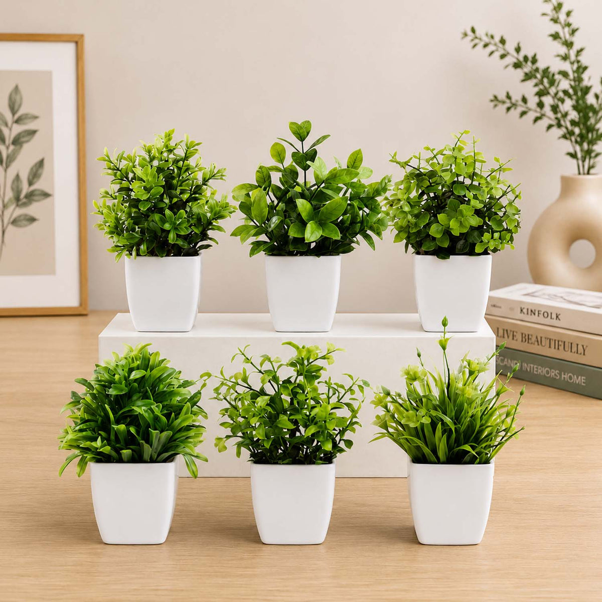 Go Hooked Artificial Plants Small, Mini Artificial Plants Indoor for Home Farmhouse Bathroom Shelf Décor Height 17CM Green and White 6 (Design May Vary)