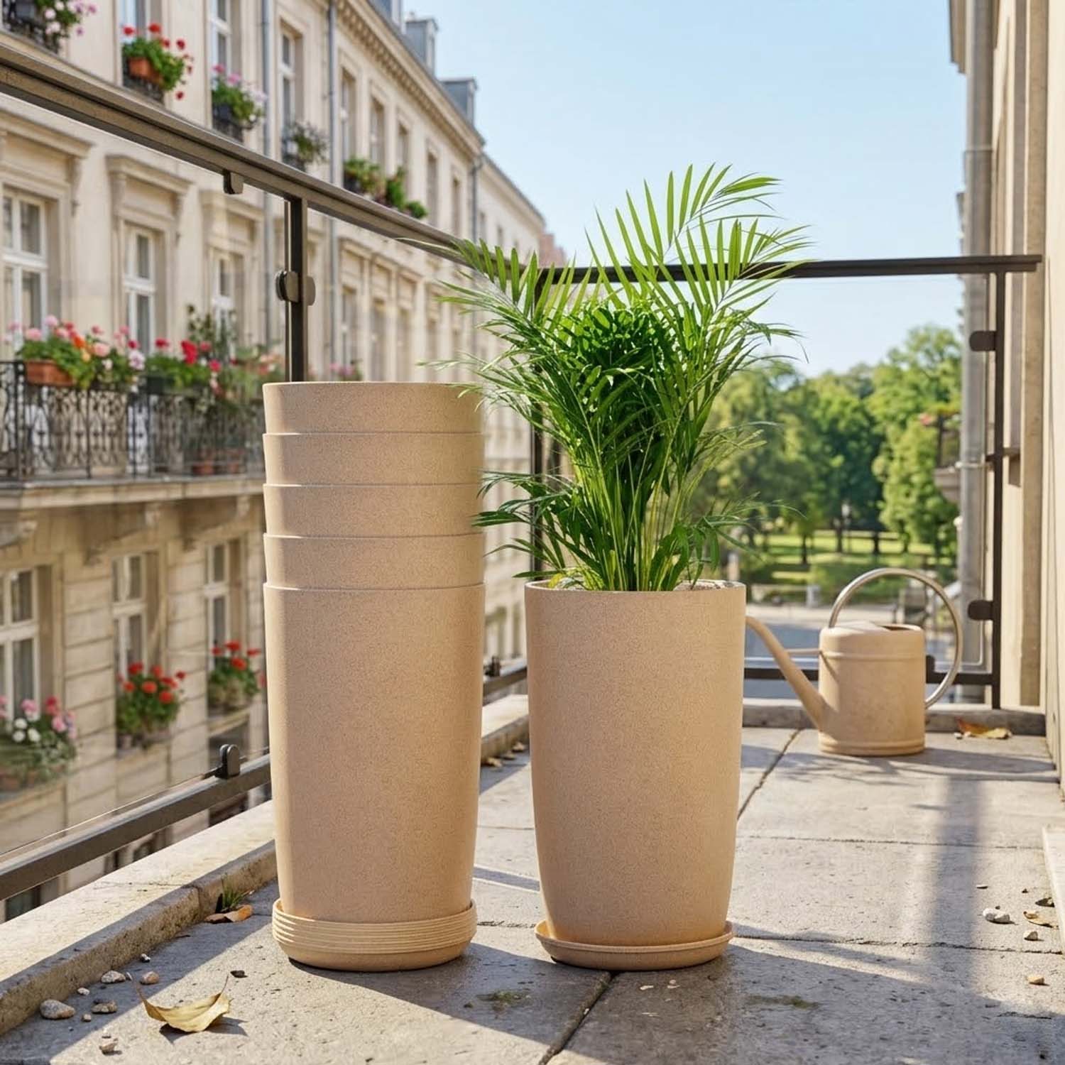 Go Hooked 18 Inch Tower Pots with Saucer Tray Planter - Lightweight, Premium Outdoor & Indoor Planters, Perfect for Balcony & Terrace Gardens (Brown, Pack of 6)