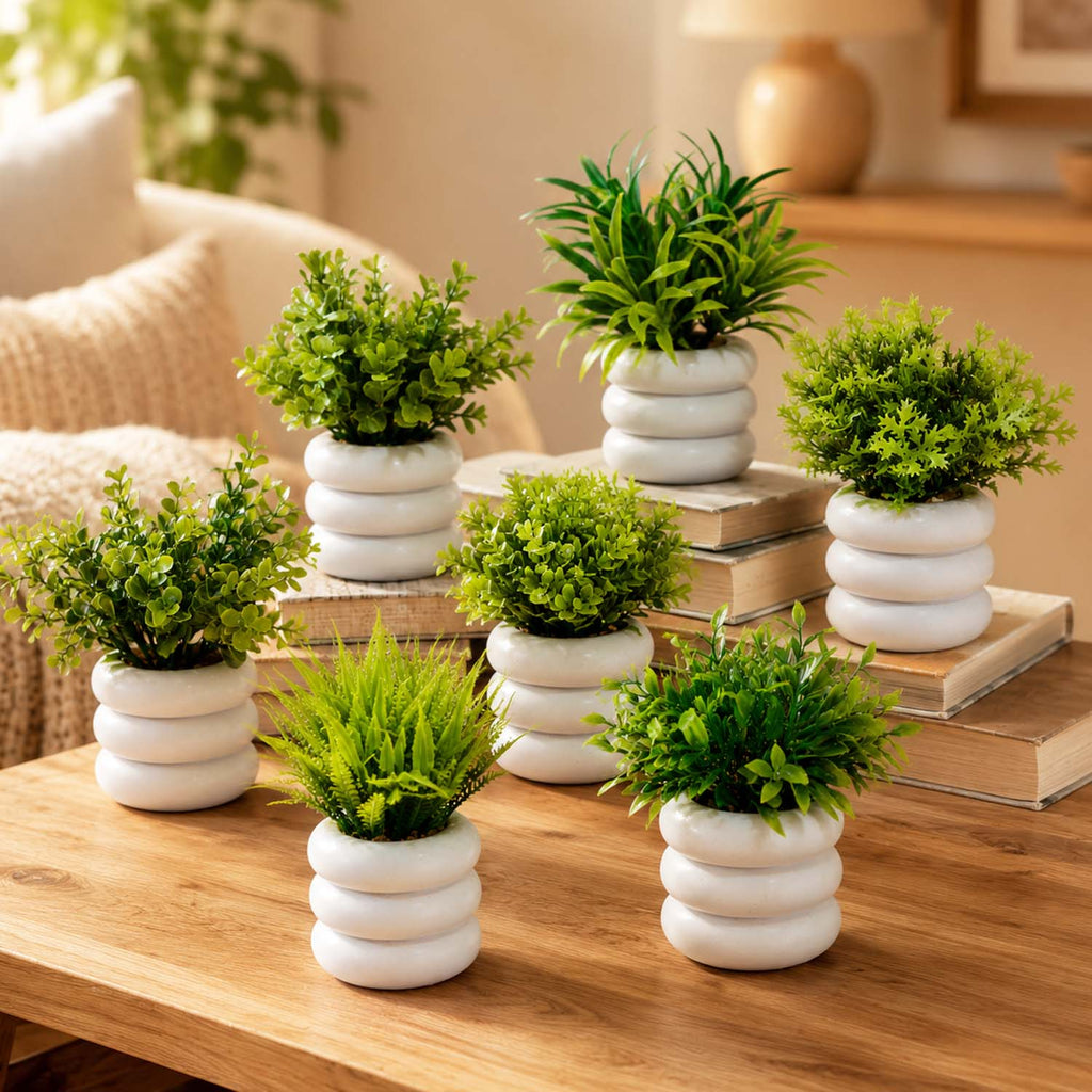 Bianco Artificial Mini Plant (7 Pack) | Small Faux Plants Home & Office Decor, Living Room, Bedroom, Tabletop & Shelves | Small Potted Plants | Stylish Round Pot