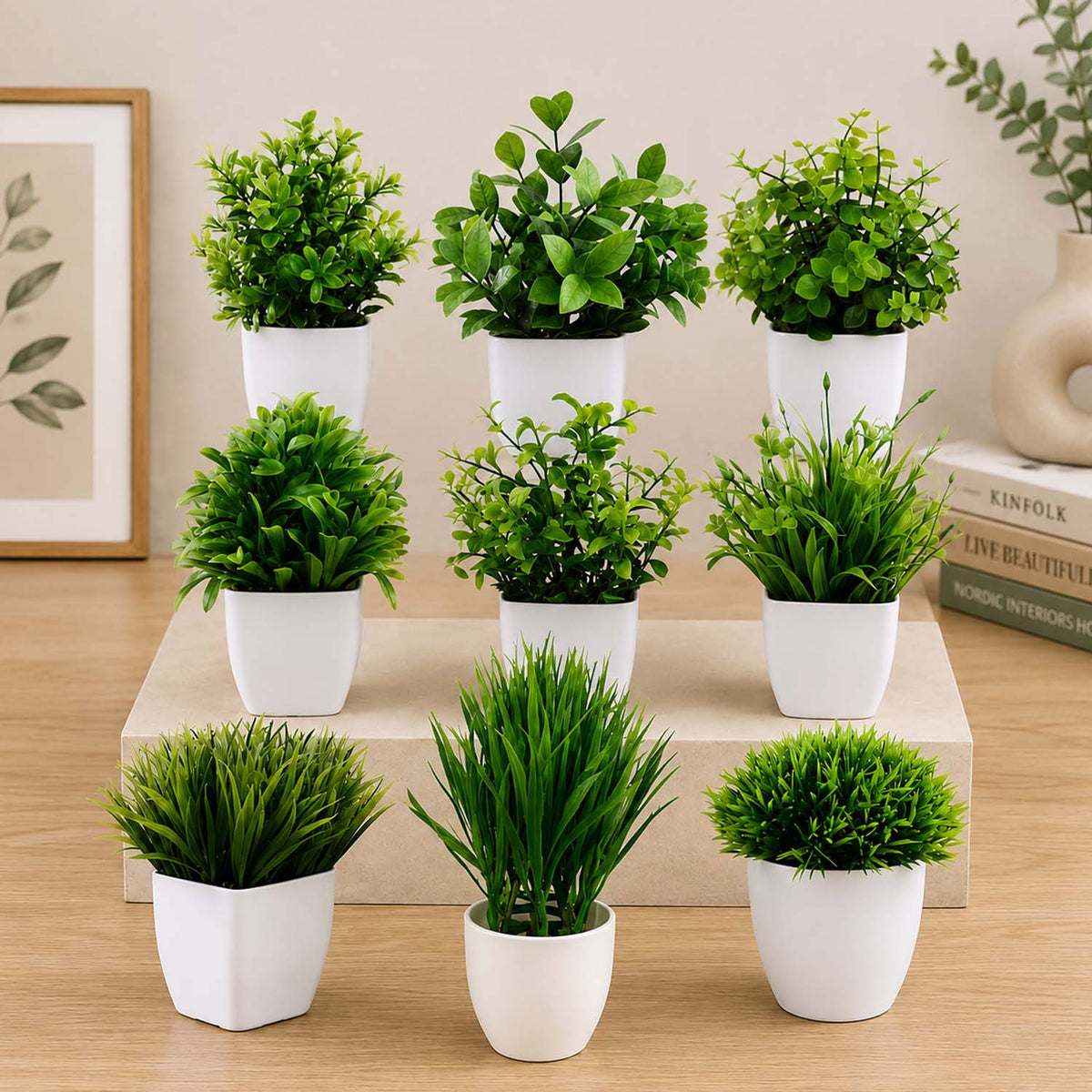 Go Hooked Artificial Plants Small, Mini Artificial Plants Indoor for Home Farmhouse Bathroom Shelf Décor Height 17CM Green and White 9 (Design May Vary)