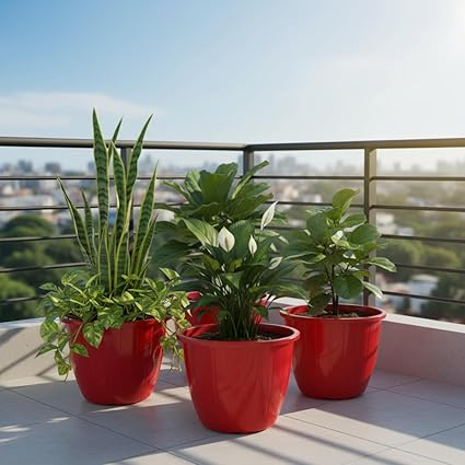 Go Hooked Sunshine Flower Pot/Planters for Home Decor, Plastic Pots for Gardening/Home, Flower Pots Indoor-Outdoor & Planter for Plants (Red) (Pack of 3)