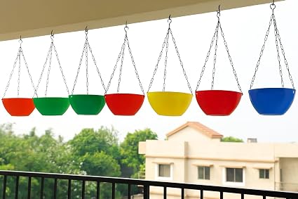 Go Hooked Plastic Hanging Triangle Planter, Multicolor, Pot Diameter -8.5 Inch, Pot Height -5 Inch, Pot Thickness -3 mm, Chain Length -13 inch Approx., 3 Pieces