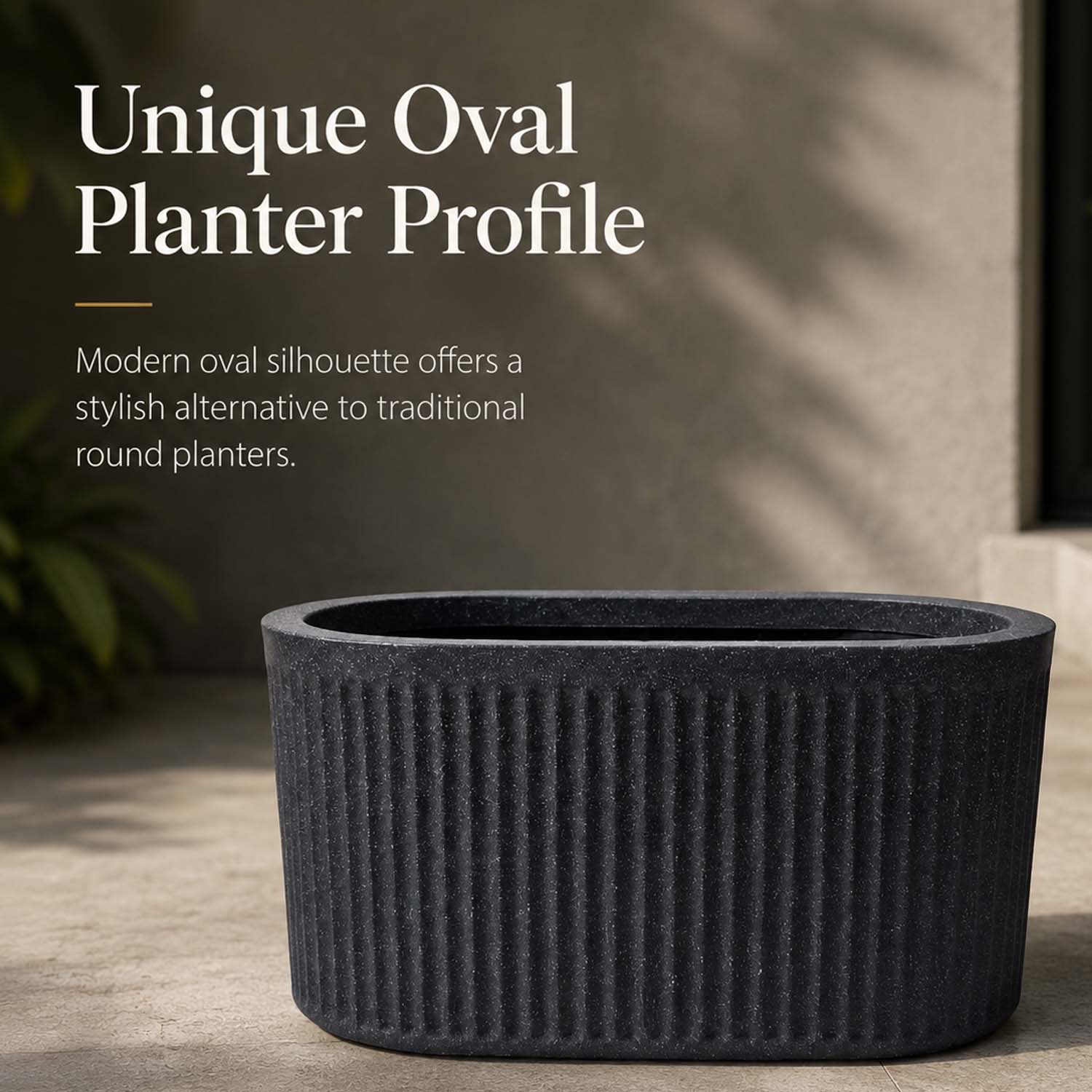 Go Hooked Large Oval Planter Pot (24x12) Inch | Aurelia Modern Ribbed Grey Stone Texture Finish | UV & Weather Resistant Decorative Floor Planter for Balcony, Patio, Terrace, Garden & Entrance