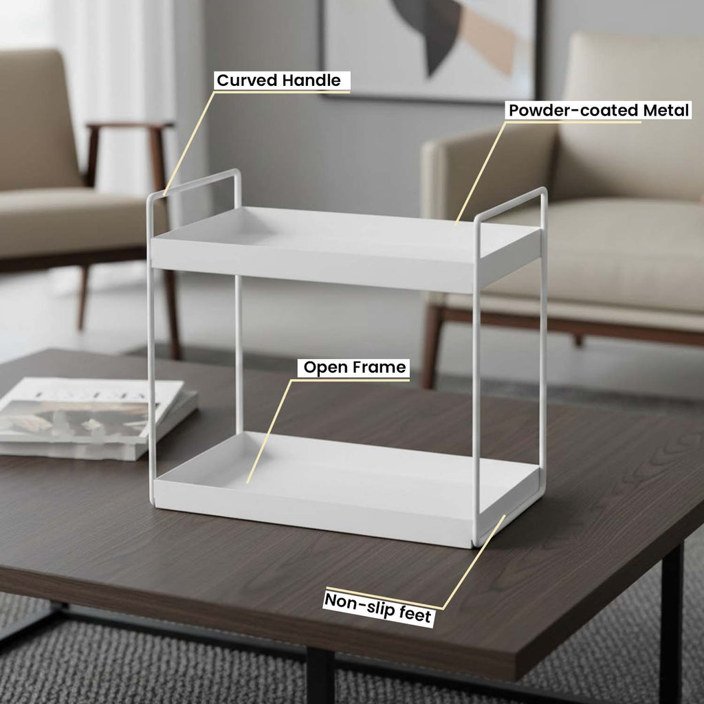 Go Hooked Metal Standing Rack 2-Tier Countertop Organizer | Spices Organizer | Bathroom Essentials | Vanity Storage | Decorative Use | Cosmetic Makeup Storage (White)