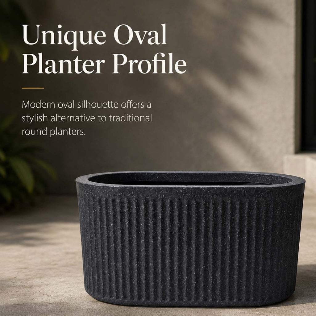 Go Hooked Large Oval Planter Pot (30x15) Inch | Aurelia Modern Ribbed Grey Stone Texture Finish | UV & Weather Resistant Decorative Floor Planter for Balcony, Patio, Terrace, Garden & Entrance