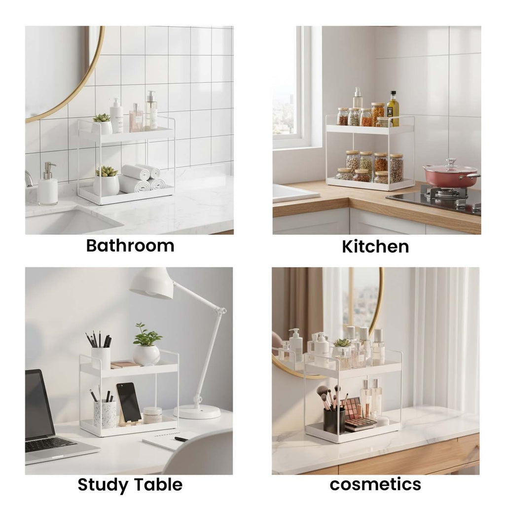 Go Hooked Metal Standing Rack 2-Tier Countertop Organizer | Spices Organizer | Bathroom Essentials | Vanity Storage | Decorative Use | Cosmetic Makeup Storage (White)