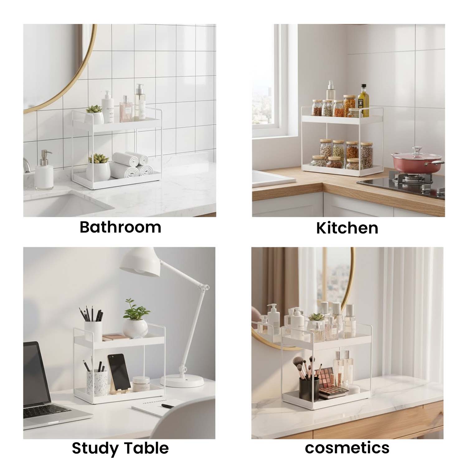 Go Hooked Metal Standing Rack 2-Tier Countertop Organizer | Spices Organizer | Bathroom Essentials | Vanity Storage | Decorative Use | Cosmetic Makeup Storage (White)