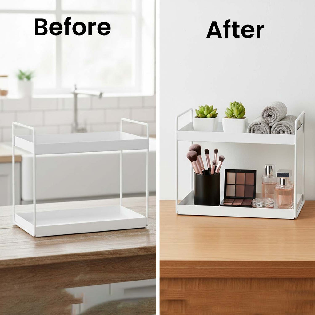 Go Hooked Metal Standing Rack 2-Tier Countertop Organizer | Spices Organizer | Bathroom Essentials | Vanity Storage | Decorative Use | Cosmetic Makeup Storage (White)