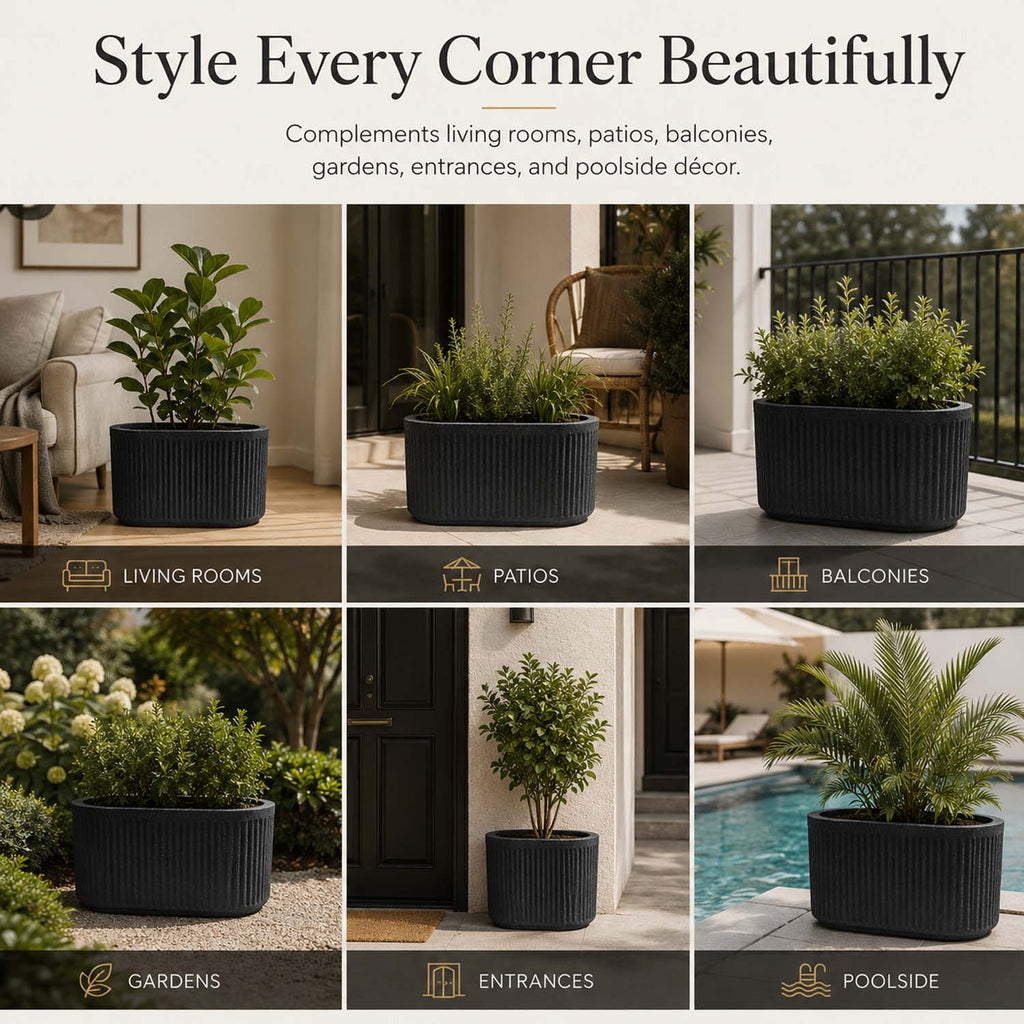 Go Hooked Large Oval Planter Pot (30x15) Inch | Aurelia Modern Ribbed Grey Stone Texture Finish | UV & Weather Resistant Decorative Floor Planter for Balcony, Patio, Terrace, Garden & Entrance