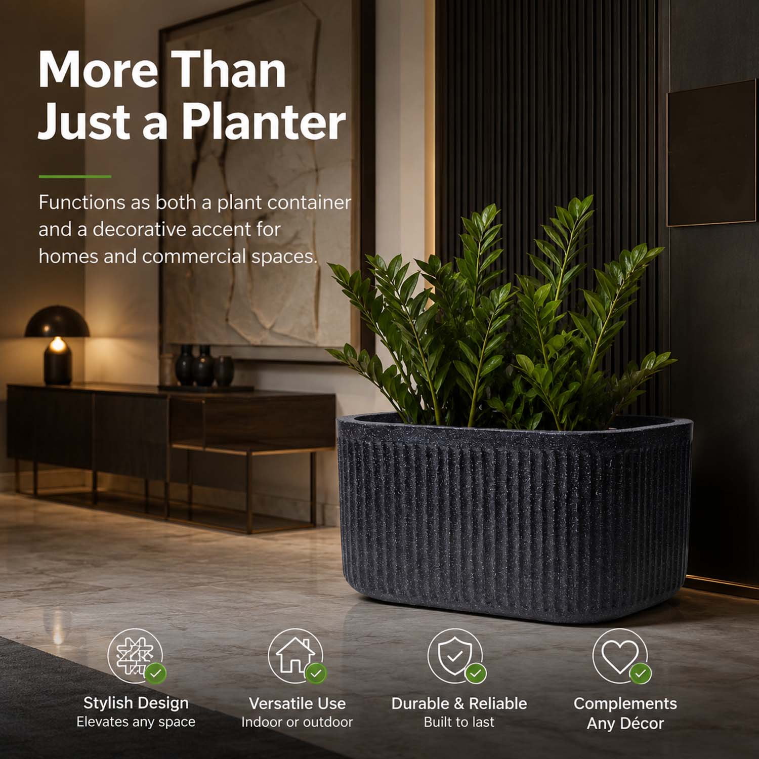 Go Hooked Large Oval Planter Pot (24x12) Inch | Aurelia Modern Ribbed Grey Stone Texture Finish | UV & Weather Resistant Decorative Floor Planter for Balcony, Patio, Terrace, Garden & Entrance