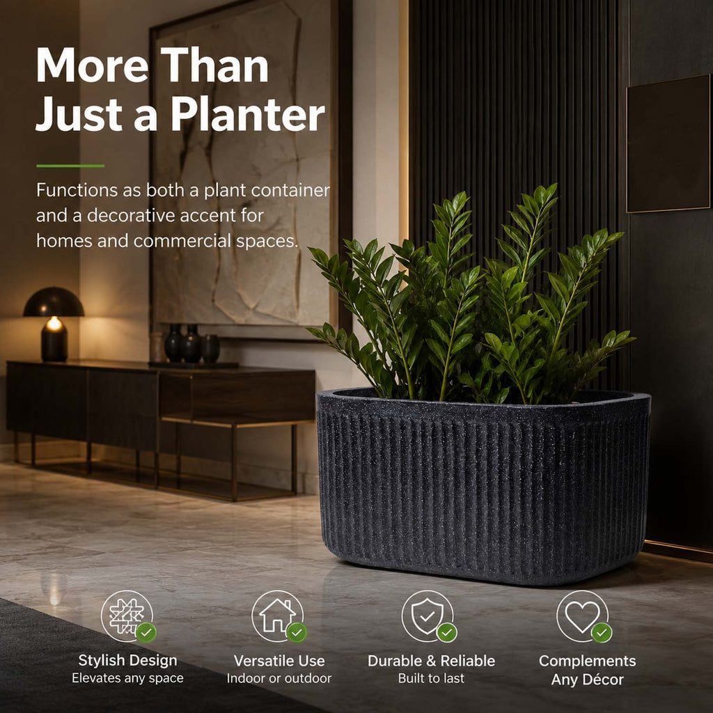 Go Hooked Large Oval Planter Pot (30x15) Inch | Aurelia Modern Ribbed Grey Stone Texture Finish | UV & Weather Resistant Decorative Floor Planter for Balcony, Patio, Terrace, Garden & Entrance