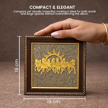 Go Hooked Pyrite Stone Frame with Vastu 7 Running Horses & Sun (19x19 cm) | Money Attraction, Success & Prosperity Crystal Wall Decor | Wooden Frame Wall Hanging for Home, Office, Living Room & Gift