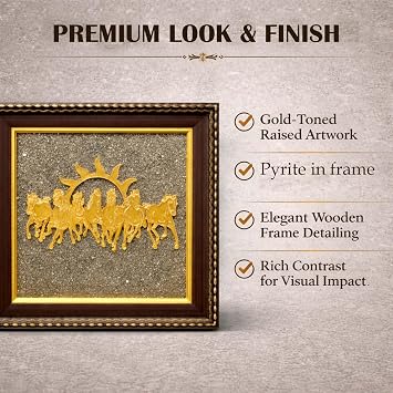 Go Hooked Pyrite Stone Frame with Vastu 7 Running Horses & Sun (19x19 cm) | Money Attraction, Success & Prosperity Crystal Wall Decor | Wooden Frame Wall Hanging for Home, Office, Living Room & Gift