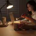 ViMe Citronella Oasis scented candle in a glass jar, lit by a match, on a desk with a laptop and lamp.