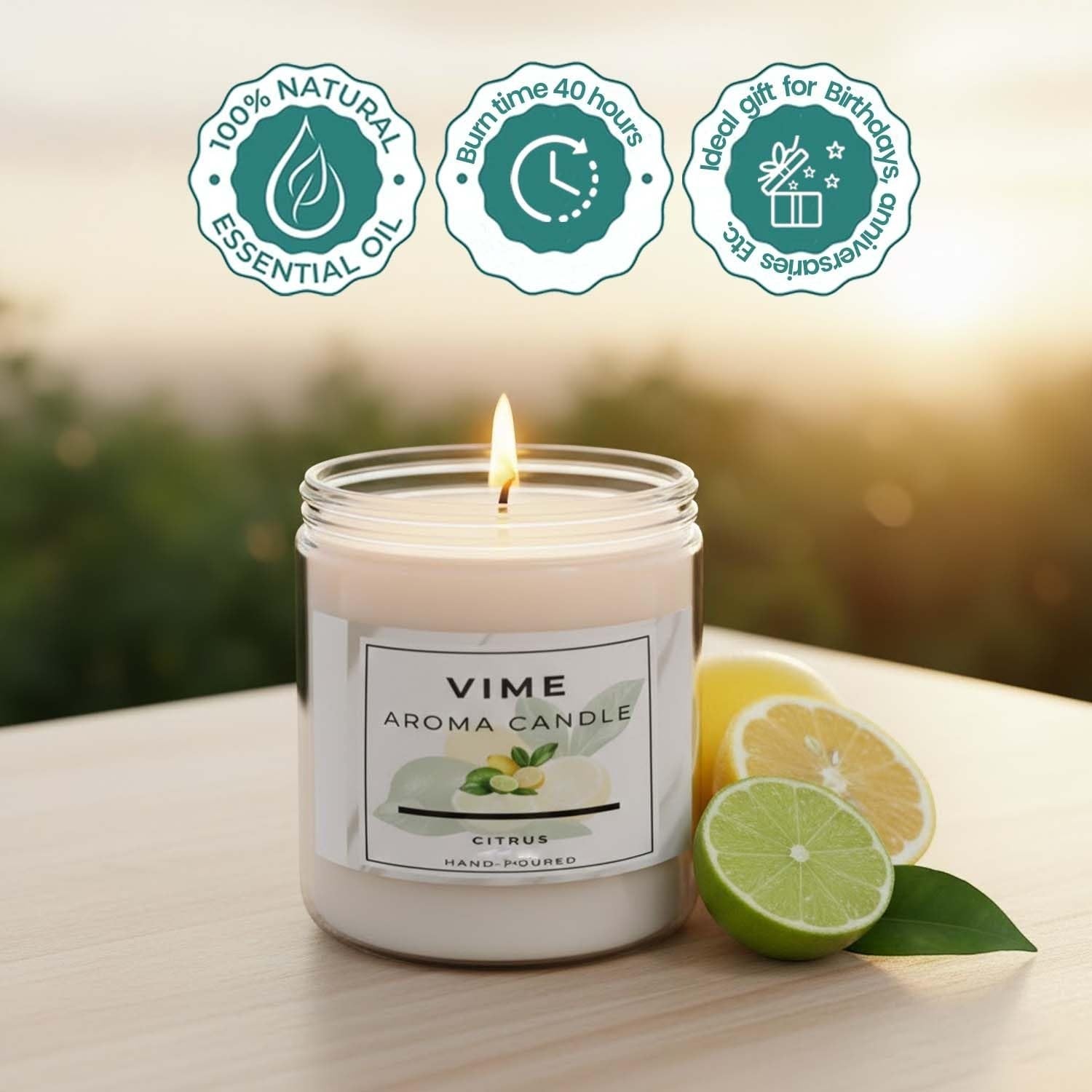 ViMe white citrus scented candle in a glass jar, hand-poured with 100% natural essential oil, 40-hour burn time.