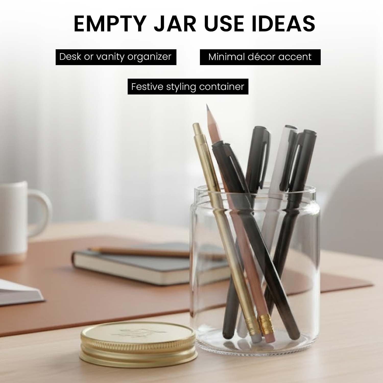 ViMe clear glass jar with gold lid, holding pens and pencils, ideal for desk organization or decor.