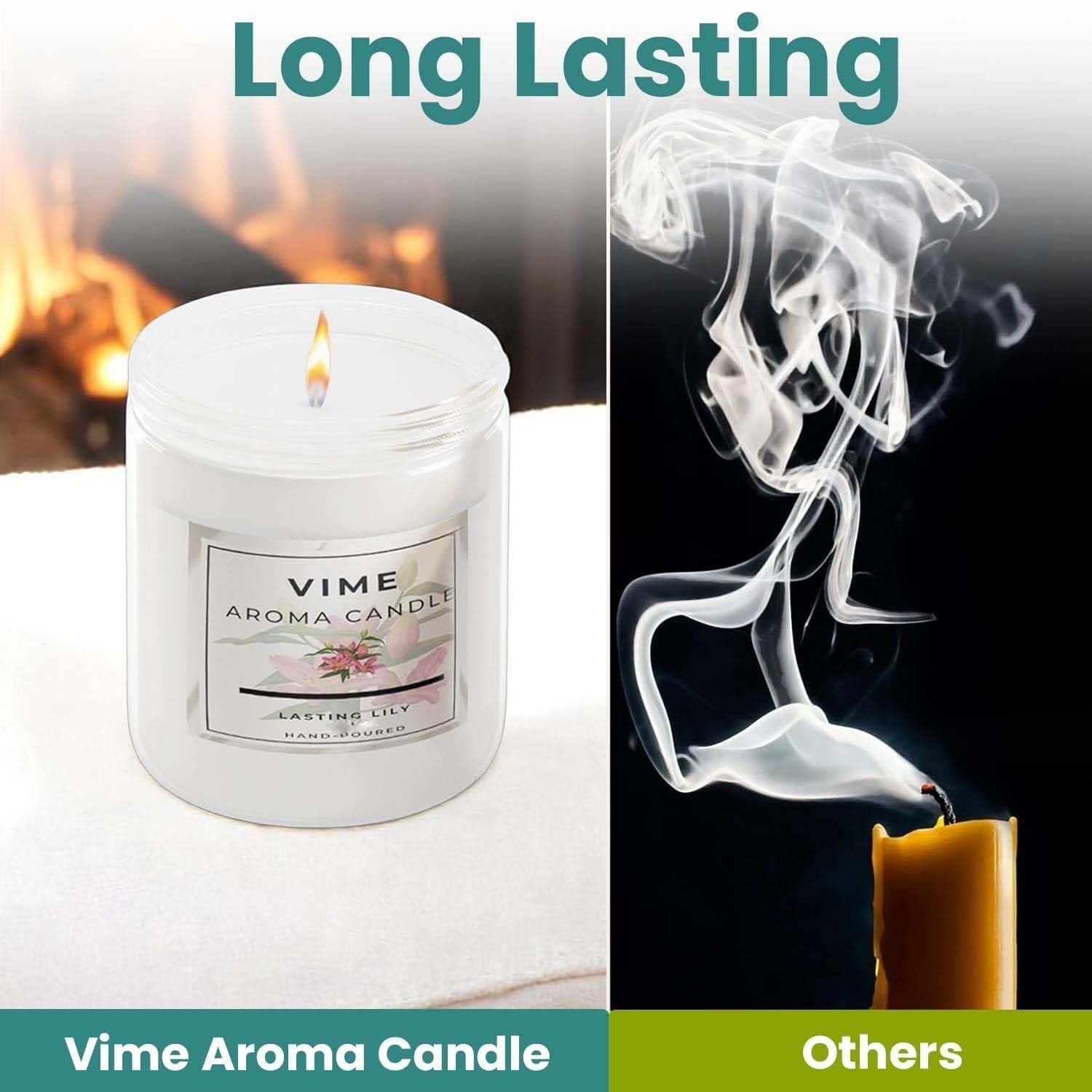 ViMe white glass jar candle with lasting lily scent, burning beside a fireplace.