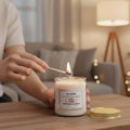 ViMe London Night scented candle in a glass jar, lit with a match, creating a cozy ambiance.