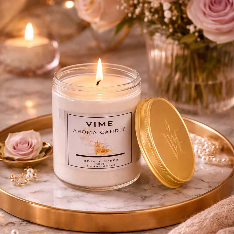 ViMe white aroma candle in glass jar with gold lid, Rose & Amber scent, 120 ml, hand-poured.