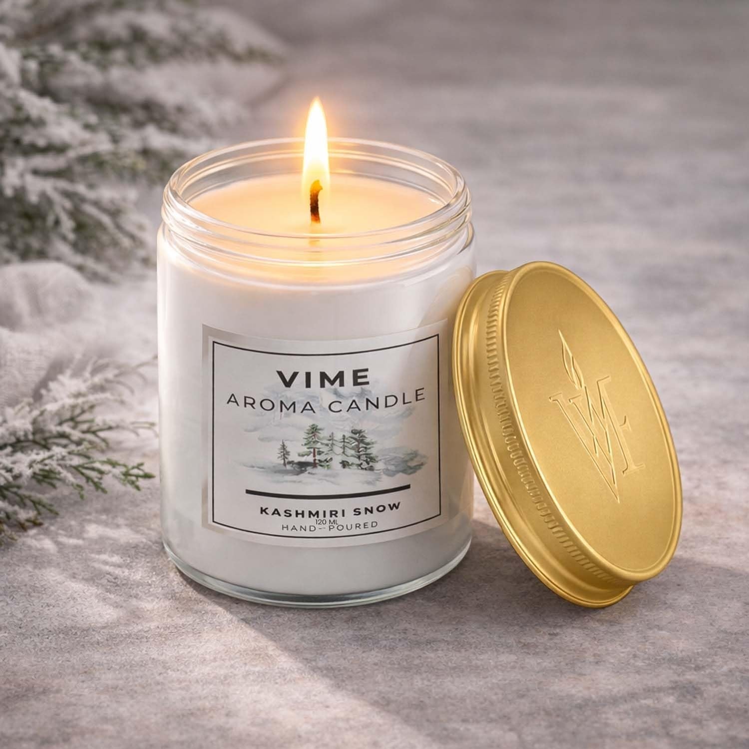 ViMe white glass jar candle with gold lid, Kashmiri Snow scent, hand-poured wax for home decor and aromatherapy.