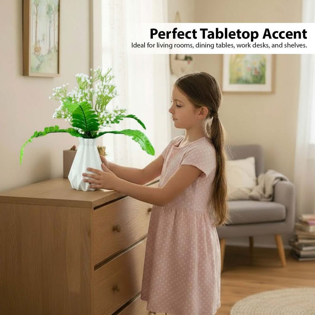 Go Hooked Artificial Flowers with Majesty Vase 45cm Approx | 5Pcs White Baby’s Breath Gypsophila | 4Pcs Fern Leaves | Real Touch Faux Plant Décor for Living Room, Bedroom, Office & Tabletop